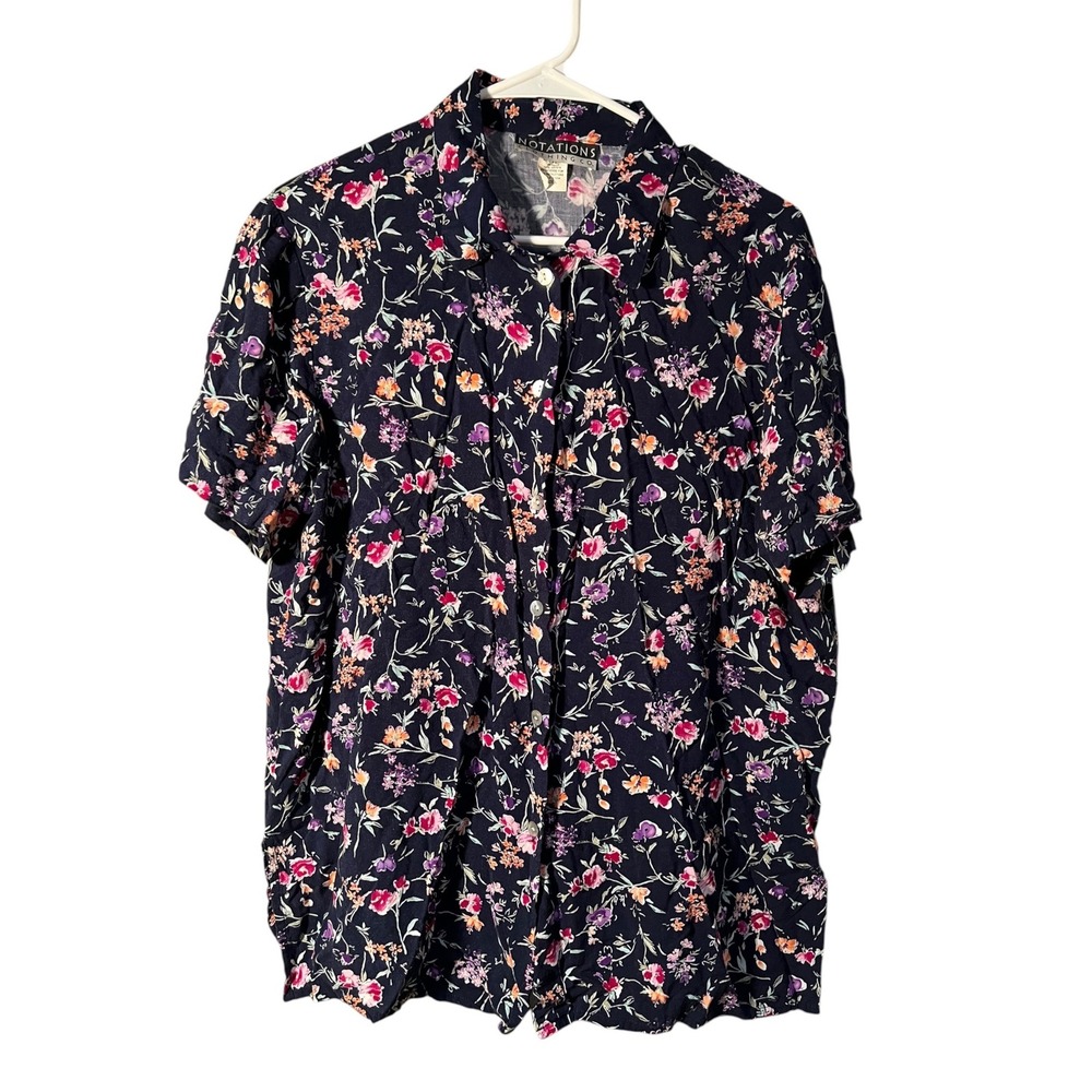 Vintage Notations Clothing Co Womens Sz Large Button Down Shirt Navy Blue Floral